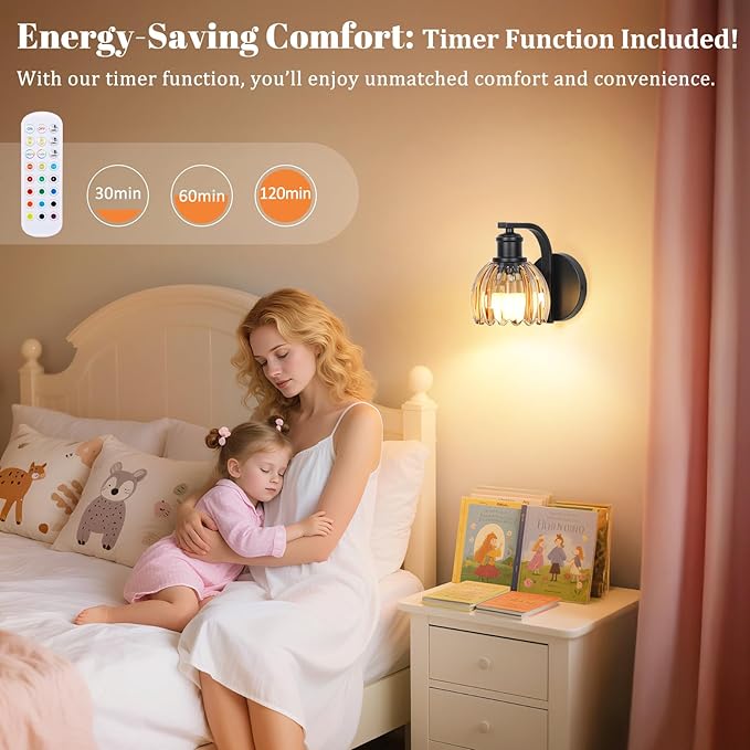 Rechargeable Battery Operated Wall Sconce Set of Two with Amber Glass Lampshade, Wireless Wall Scone Decor with Remote Control, 15 Colors Black Wall Light for Bedside Hallway Bedroom Doorway