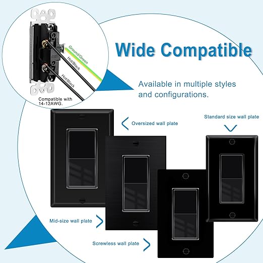 Greencycle Black 3 Way Light Switch,Three Way Single Pole Switches, 15A 120-277V Rocker Paddle Wall Switch,On Off Switches, Self-Grounding, UL Certified,Residential and Commercial Grade,4PK