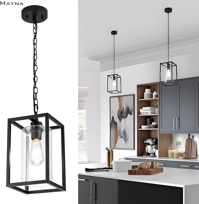 MAYNA 1-Light Farmhouse Pendant Light, Black Metal Cage Light Fixtures with Adjustable Chain and Glass Shade,Hanging Lights for Kitchen Island,Porch,Hallway