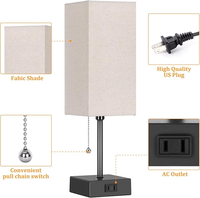 15'' Table Lamp for Bedroom set of 2,3-Color Bedside Lamps with Pull Chain Table Lamps for Night stands with AC Outlet,Small Night Light Lamps with 2 Bulbs Lamps for Living Room Kids Room Office Decor