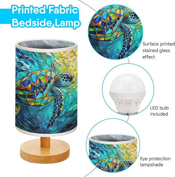 Sea Turtle Table Lamp LED 3-Color Pressed Bedside, Sea Turtle Shade Lamp with Wood Base for Bedroom Living Room Desk Office TL01
