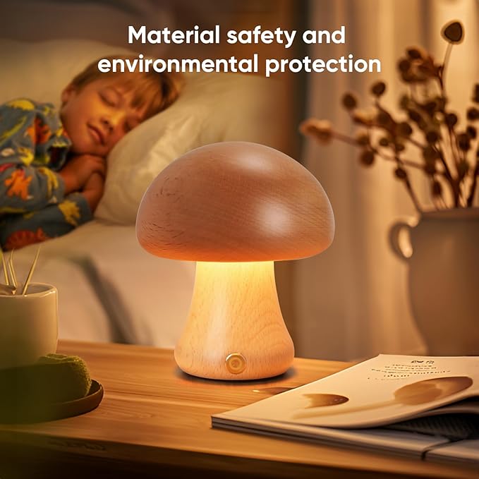 Creative Wood Mushroom Table Lamp, Portable Cordless Small Lamp, Rechargeable Battery Operated Lamp,Stepless Dimming, Night Light for Birthday Gifts, Creative Home Decor Unique House Gift