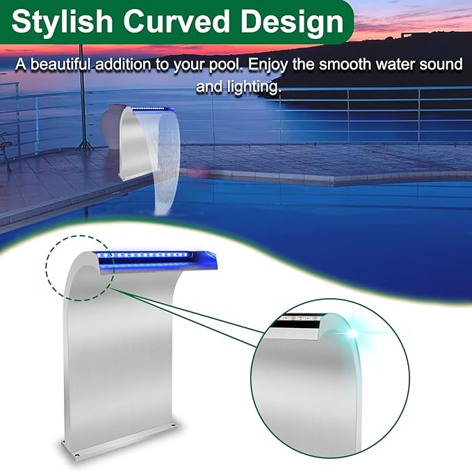 LONGRUN Waterfall Spillway Stainless Steel S-Shaped Pool Fountain, RF & APP Controled Colorful LED Light Pond Waterfalls for Indoor Outdoor Garden Rockery Koi Pond Swimming Pools-20 Height