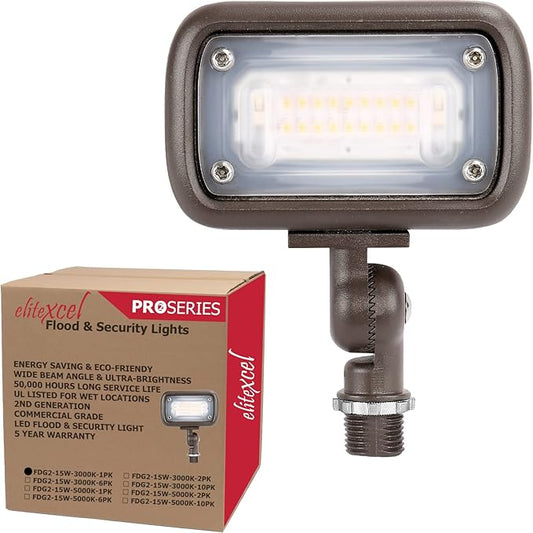 Gen2 Outdoor LED Landscape Light - 50W MH Equal, Waterproof, 15W, 1370 Lumen, 3000K Warm White - Backyard Walkway Security Light, 1/2" Knuckle Mount, 120-277V, 5 Year Warranty