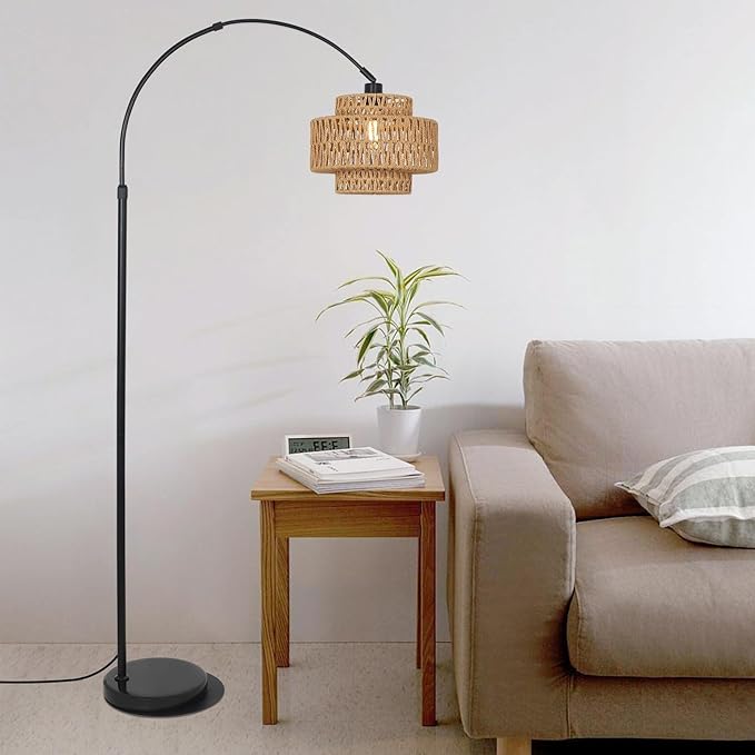 HMVPL Arc Floor Lamp for Living Room, Boho Rattan Floor Lamp with Remote, Black Standing Lamp with Dimmable Blub Timer, Farmhouse Arched Tall Lamp for Bedroom Reading Over Couch (Height Adjustable)
