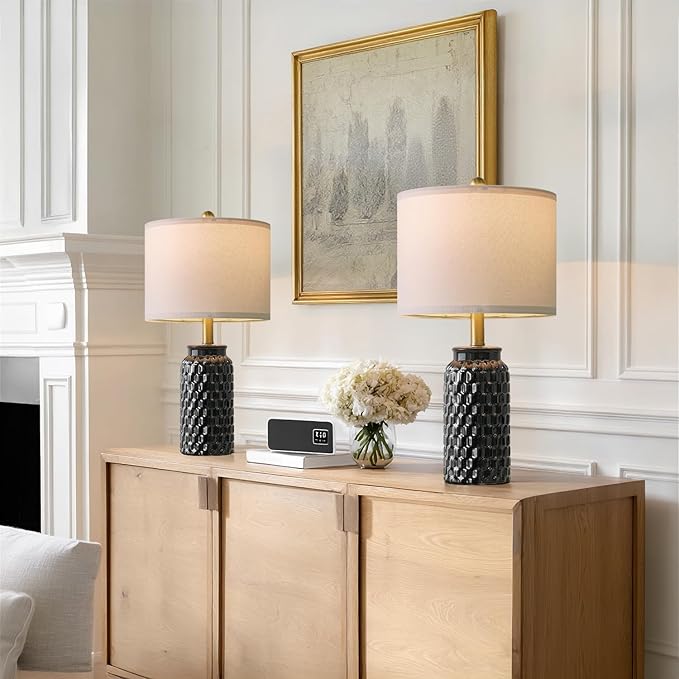 20.5" Black Modern Ceramic Bedside Lamp Set of 2 for Bedroom Decor Farmhouse Table Lamp for Living Room Office Dorm