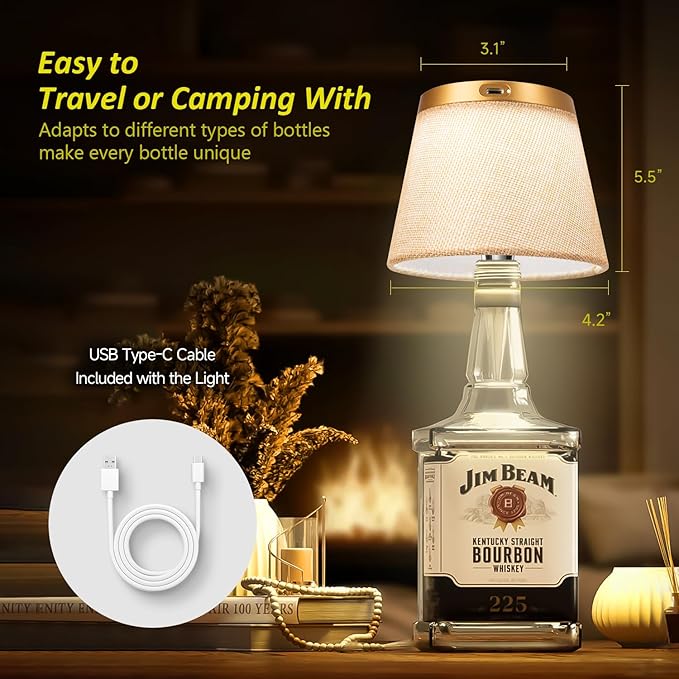 2025 New Bottle Lamp - LED Bottle Lights for Liquor & Wine Bottles, Cordless Lampshade, Whiskey Bottle Top Light, Bottle Stopper Night Light Kit, Rechargeable 3-Tone Touch-Dimmable