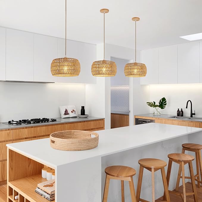 Rattan Pendant Light Fixture Ceiling Bohemian Chandelier Flush Mount Hanging Light 12.99-inch Small Woven Lamp Shade Wooden Base Basket for Kitchen Island Hallway Bedroom Dinning Table