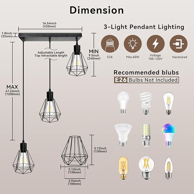 3-Light Pendant Light Fixture, Hanging Lighting Fixture Kitchen Island, Black Ceiling Lamp with 1.2m Adjustable Cord for Kitchen Bedroom Hallway, Dining Room, E26 Base,Blub Not Included