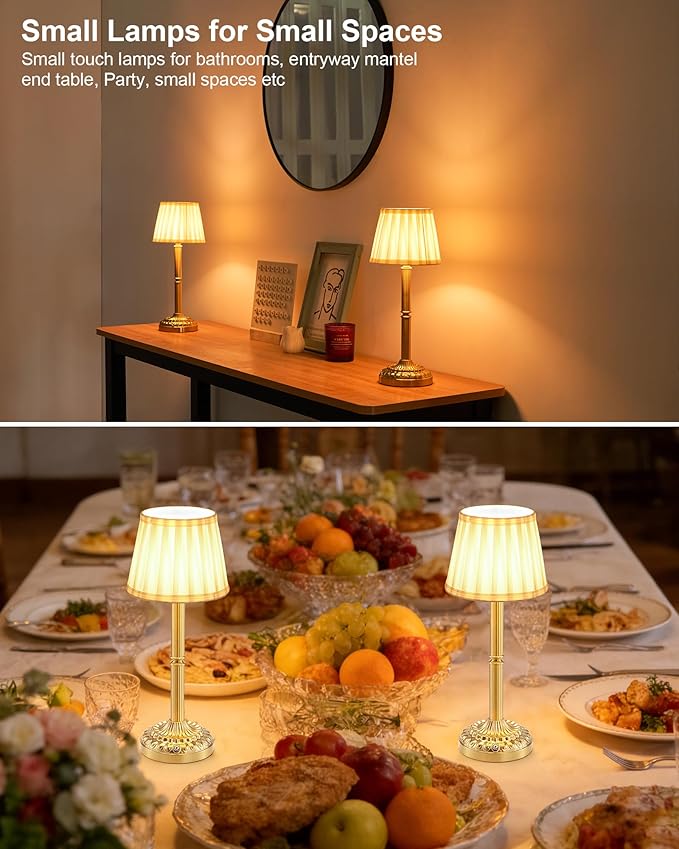 Vintage Cordless Rechargeable Table Lamp, 3-Level Touch Dimmer, Folded Fabric Shade & Brass Base, Portable Battery Operated Lamp for Living Room, Bedside, Dining, Restaurant Lighting, Home Decor