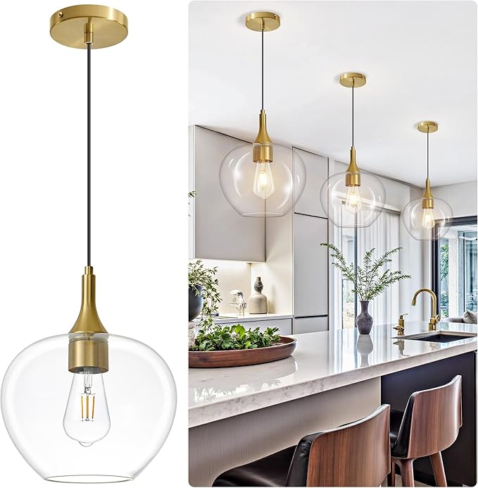 Glass Pendant Lights Kitchen Island, Brass Gold Pendant Lighting Fixtures, Modern Hanging Ceiling Light with 9.45'' Clear Glass Shade for Farmhouse Dining Room Bedroom Hallway(1 Pack)