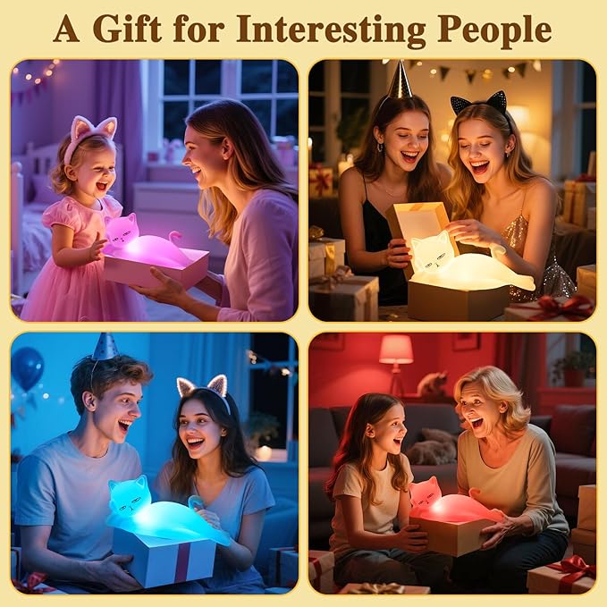 Lying Flat Cat Lamp Funny Gifts, 16 Colors+5 Dimming+Silicone Random Stuff, Touch+Remote+Recharge Night Light for Kids, Cool Lamp Unique Lamps Cute Weird Stuff, Cat Gifts for Teen Girls/Adults/Kids