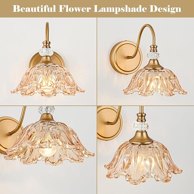 1 Piece Vintage Wall Sconce with Floral Amber Glass Shade, Matte Deep Brass Finish Wall Sconce for Bathroom,Vintage Amber Bathroom Vanity Light Fixture
