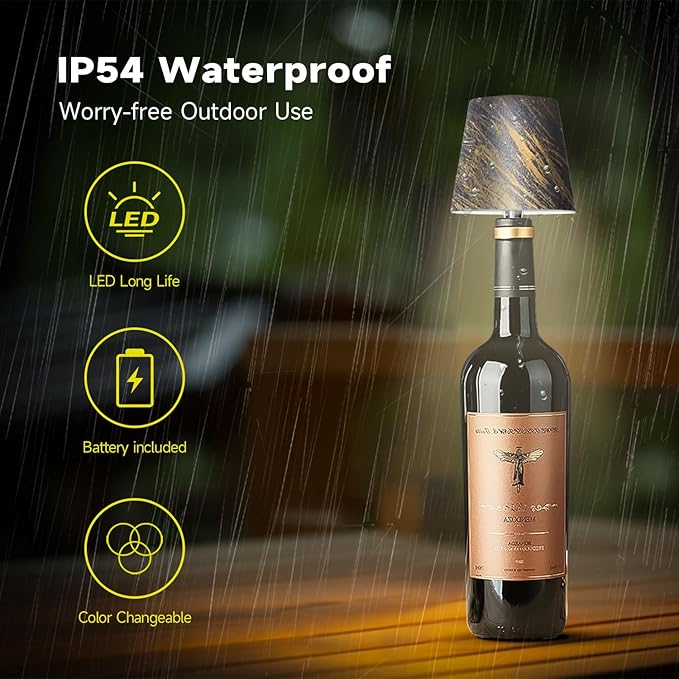 2025 New Wireless Bottle Lamp - LED Bottle Lights for Liquor & Wine Bottles, Cordless Lampshade, Whiskey Bottle Top Light, Bottle Stopper Night Light Kit, Rechargeable 3-Tone Touch-Dimmable
