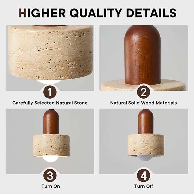Natural Stone Pendant Light, Wabi Sabi Travertine & Wood Hanging Lamp for Kitchen Island, Hallway, Bedroom, Dining Room Ceiling Decor (E26 Bulb, 4.9 in Stone Hat, 1pcs)