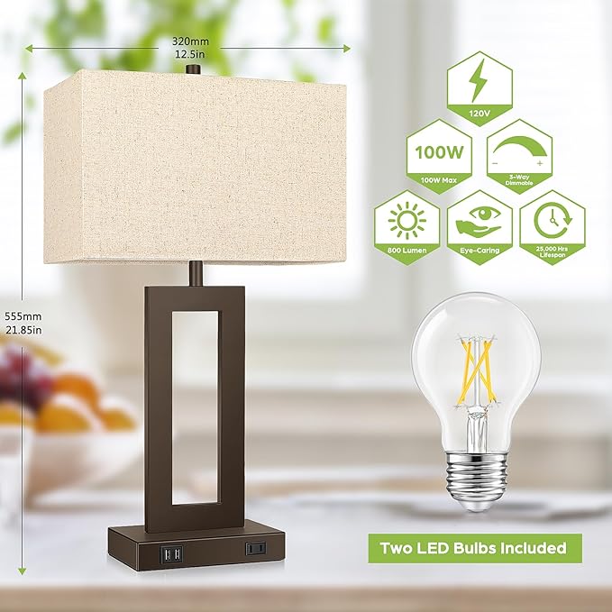 Set of 2 Touch Control Table Lamps with 2 USB Ports&AC Outlet, 3-Way Dimmable Modern Nightstand Lamp Sets, Brown Bedside Desk Lamps for Bedroom Living Room End Tables, Bulbs Included, Cream Shade