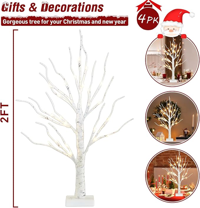PEIDUO Easter Decorations for The Home, 2FT Easter Tree with LED Lights, Warm White Tree Lamp, Fairy Light Spirit Tree for Room Inside Fireplace Decor, Battery Powered, Timer (4PK)
