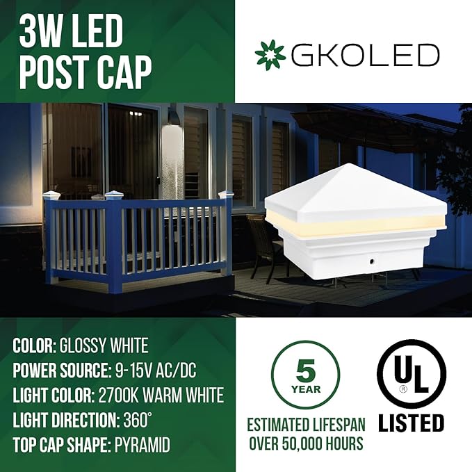 GKOLED Low Voltage Pyramid Post Cap Light, 3W 12V AC/DC, for 4"x4" and 3.5"x3.5" Wood or Vinyl Posts, 2700K Warm White, IP65 Rated Waterproof for Outdoor, White (Pack of 2)