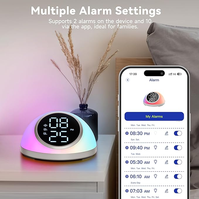 Alarm Clocks Bedrooms Sleep Sounds, Digital Dual Alarm Clock Bedroom, Bedside Alarm Clock Adjustable Brightness Button/App Control Night Light White Noises 12/24H Up to 10 Alarms, White