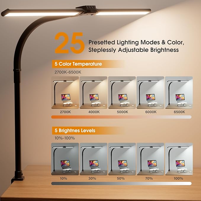 LED Desk Lamp for Home Office - Dimmable Computer Desk Light with Clamp, Modern Architect Task Lamp with Color Changing, Flexible Desktop Lamp with Gooseneck for Monitor, Double Head, Black