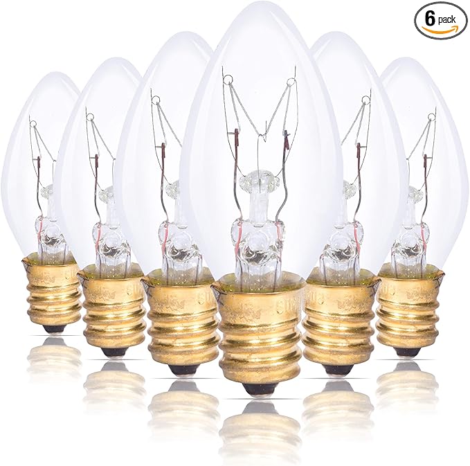 Simba Lighting C7 4W Replacement Bulb (6 Pack) for Night Light, Clear Candle Shape, 120V, E12 Candelabra Base, Dimmable, 2700K Warm White