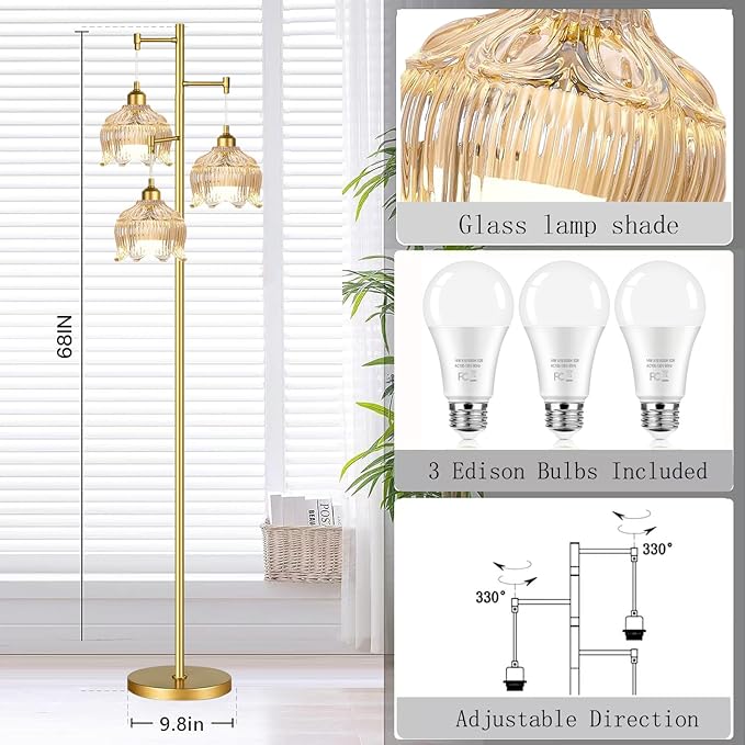 Gold Floor Lamps for Living Room 3 Lights Floor Lamp with Glass Lampshape & Three Led Bulb,Mid Century Standing Lamp Vintage Brass Tall Lamp Tree Floor Lamp for Bedroom Corner