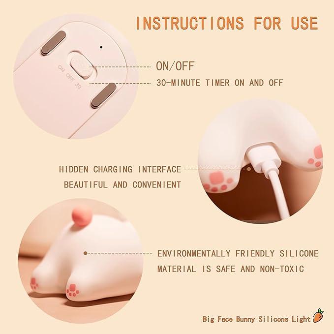 Squishy Bunny Night Light for Kids, Cute Big Face Rabbit Silicone Lamp with Timer Dimmable 3 Brightness, Easter Nursery Nightlight Portable Bedside Touch Lamp for Nightstand Bedroom Living Room Home ﻿