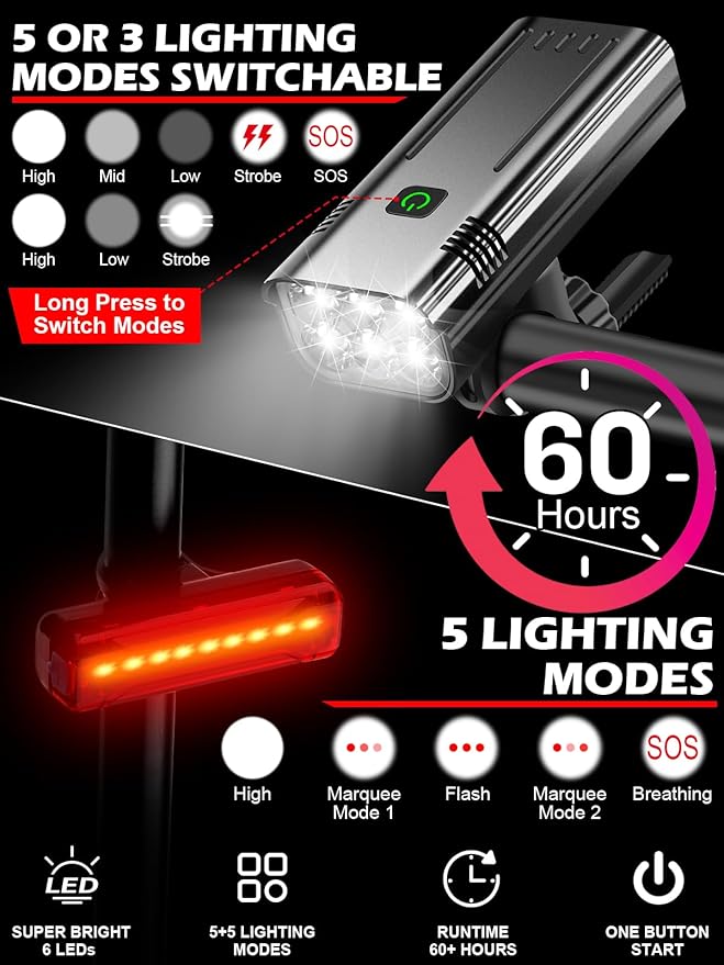 High Lumens Bike Lights Front and Back for Night Riding, 10000mAh USB Rechargeable 6 LED Bicycle Light, 5+5 Modes Bike Headlight and Tail Light Set Runtime 60+ Hrs, IPX5 Waterproof