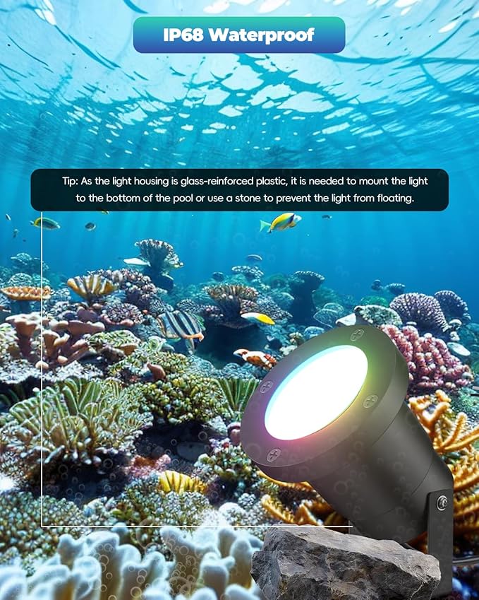 12V RGB Pond Light Underwater, RGB+CCT Tunable 2700K-6500K MR16 LED Bulb with Remote Control, Submersible for Ponds, Waterfalls, Fountains, Well Light, Low Voltage Yard Landscape Lighting