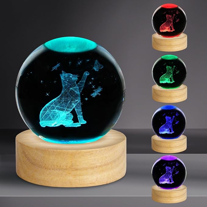 3D Cat Crystal Ball Night Light 2.4in Table Lamp Decor with 16 Colors Change Remote Control and Wooden Base Gifts for Cat Lovers Women Girl Friends Birthday Christmas