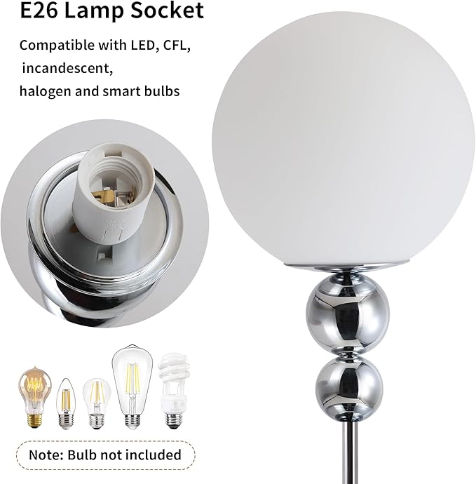 Modern Floor Lamps for Living Room, Globe Glass Shade Floor lamp for Bedroom, Standing lamp for Office, Corner(Chrome)