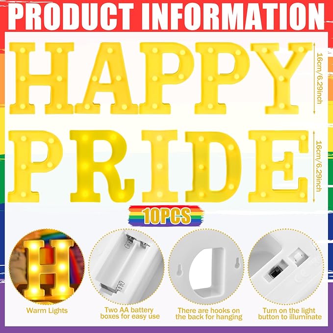 10 Pcs Happy Pride Decorations Pride LED Letter Sign Battery Powered Rainbow Party Deco Transgender Pansexual Bisexual LGBT Gay Table Decorations for Party Supplies