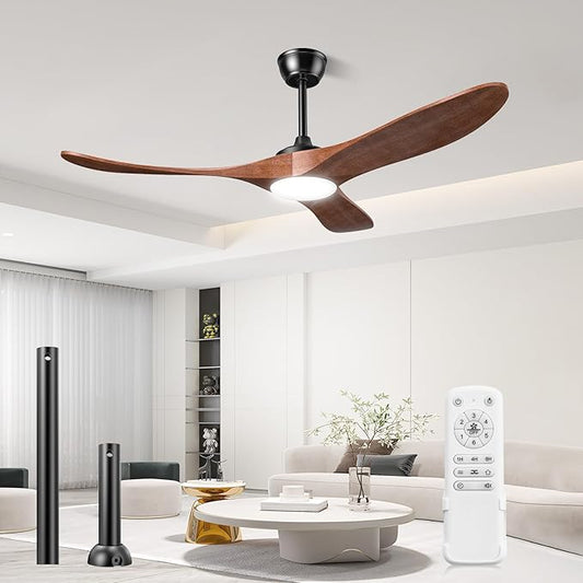 Ceiling Fans with Lights and Remote, 3 Solid Wood Blades, Outdoor Wooden Ceiling Fan with 2 Downrods for Patios, 52 Inch Modern Ceiling Fan with Noiseless Reversible DC Motor
