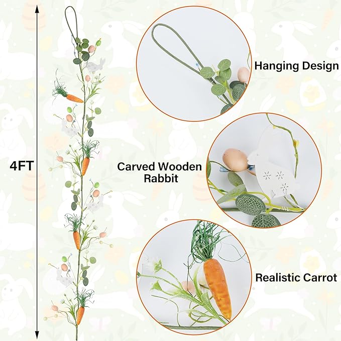 DR.DUDU 4 FT Easter Garland-Bunny & Carrot Garland Decorations for Mantle, Spring Artificial Garland with Easter Pastel Eggs for Indoor Home Fireplace Table Centerpiece Party Décor