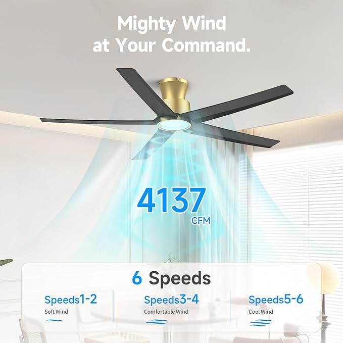 ocioc 52 inch Ceiling Fans with Lights, Large Air Volume Ceiling Fans with Reversible Quiet DC Motor and Remote（Black-Gold）