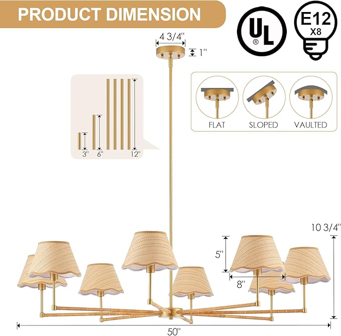 50” Large Boho Rattan Chandelier 8-Lights Rustic Adjustable Coastal Pendant Light for Kitchen Island Dining Living Room, UL Listed