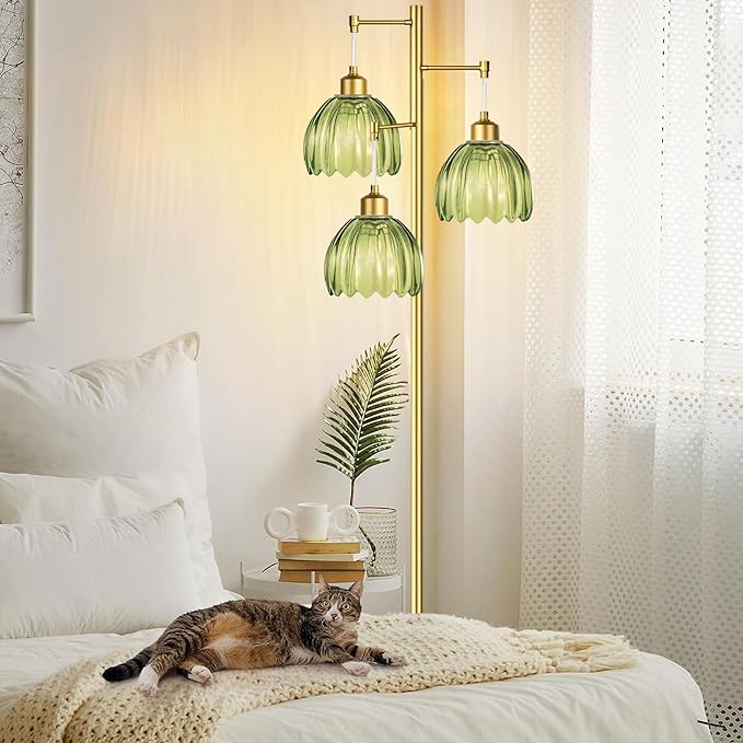 Glass Floor Lamp for Living Room,Bedroom,Gold Mid Century Modern Standing Lamp Brass Tree 3 Light Tall Floor Lamps Vintage Floor Lights Green Tulip Flower Lamp Shade Farmhouse Boho Bohemian