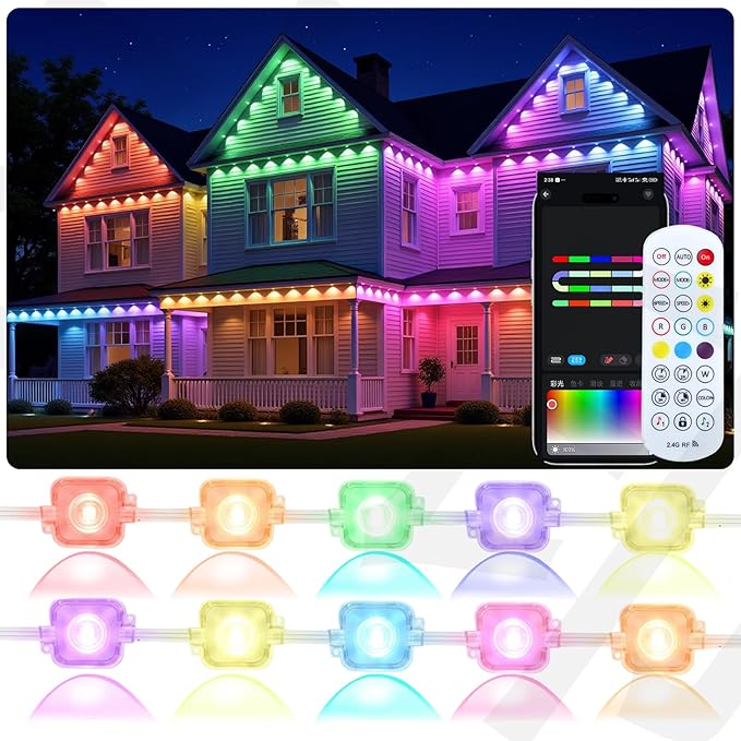 100FT Permanent Outdoor Lights, RGB Outdoor Eave Lights with 72 LED Lights, IP67 Waterproof, DIY Scene Modes with App & Remote Control for Decor, Garden, House, Party, Holiday, Christmas Decor