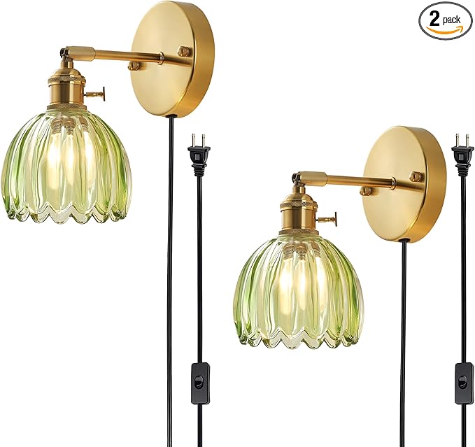 Plug in and Hardwired Wall Sconces, Luxury Vintage Tulip Crystal Glass Shade Wall Light with Switch for Bedside Bedroom Living Room (Tulip-Green, 2)