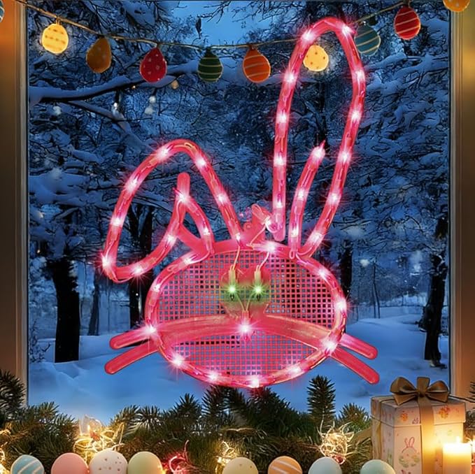 17" 40LED Lighted Pink Bunny Easter Decor - UL Certified, Soft Warm Glow, Window Decoration & Hanging Accent, Easter Party Essential, Beautiful Gift Box Packed