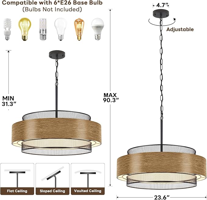 23.6 inch Farmhouse Chandeliers for Dining Room, 6-Light Rustic Large Black Drum Chandelier Metal Imitation Wood Round Hanging Lighting for Entryway Kitchen Island Foyer Bedroom Living Room