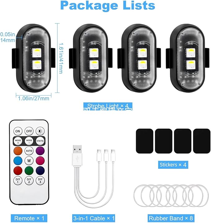 PIFOOG Wireless Led Strobe Lights for Car Motorcycle Remote Control RGB Anti Collision Light Mini USB Rechargeable Magnetic Warning Strobe Flashing Lights 4PCS