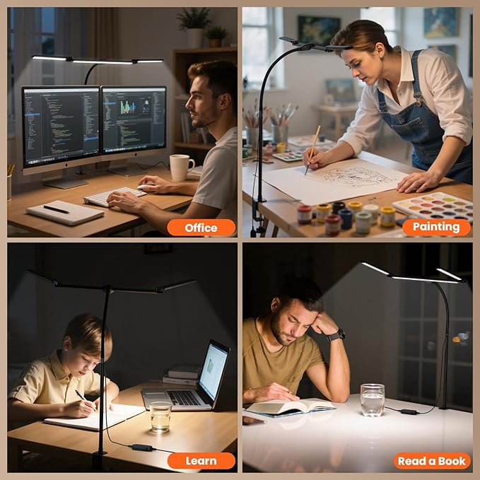 LED Desk Lamp for Office Home, Eye Caring Clip on Desk Light with Clamp, Architect Task Lamp Stepless Dimming, Computer Monitor Table Lamp 3 Head Adjustable Desk Lamp for Reading Study Workbench Black