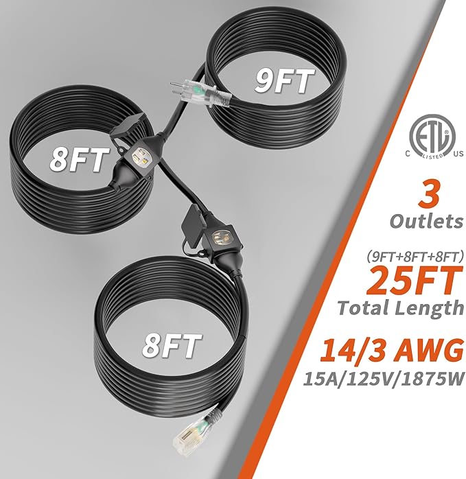 25 FT Outdoor Extension Cord with Multiple Outlets, 14/3 Gauge Heavy Duty Extension Cord Evenly Spaced 3 Outlets Plugs Black with Lighted Waterproof, 15AMP 1875W 125V 14AWG SJTW, ETL Listed.