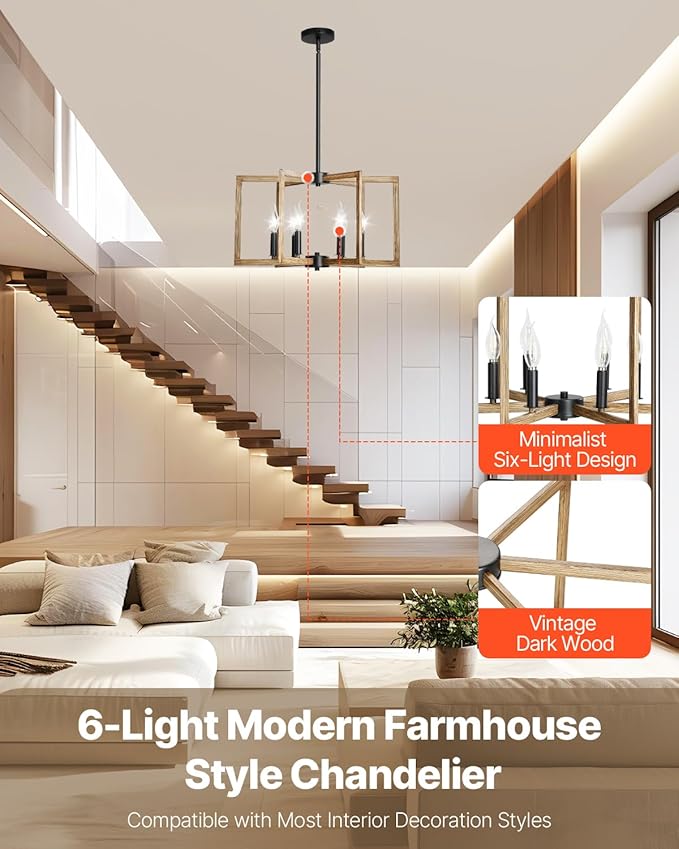 VEVOR 6-Light Chandelier, Metal Farmhouse Chandelier, Adjustable Height, Dining Room Hanging Light Fixture for Ceilings, Modern Chandelier for Bedroom, Foyer, Hall, Kitchen, Living Room and Entryway