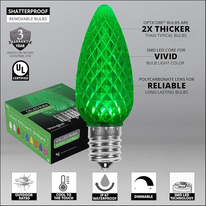 Wintergreen Lighting C9 OptiCore LED Commercial Outdoor Christmas Lights – Heavy Duty String Lights; Green Wire (50 Lights, 50 ft, Green)