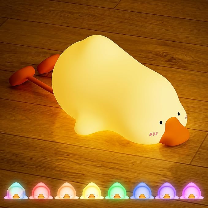 Goose Night Light for Kids, 8 Colors Silicone Cute Duck Lamp, Lying Flat Duck Nightlight, 3 Level Dimmable Kids Nightlight, Timer Rechargeable Bedside Touch Baby Night Lamp, Xmas Birthday Gifts