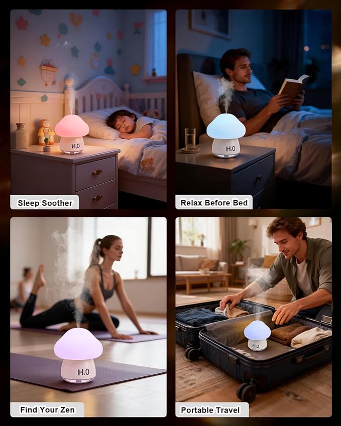 Mushroom Humidifier Lamp with 8 RGB Colors Lights,Cute Rechargeable Portable Humidifiers for Bedroom,Small Mushroom Diffuser with Two Spray Modes,Touch Night Light,Valentine's Day Gifts