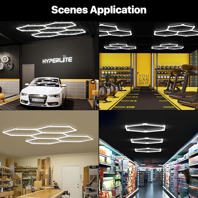 HYPERLITE Gen 2 Hexagon Garage Lights: 77W 7700LM 2 Grids DIY Hexagon Led Light, 6500K Ultra Bright Honeycomb Hex Lights, Easy Install, Durable Design for Garage, Shop, Basement, Barber, Homegym