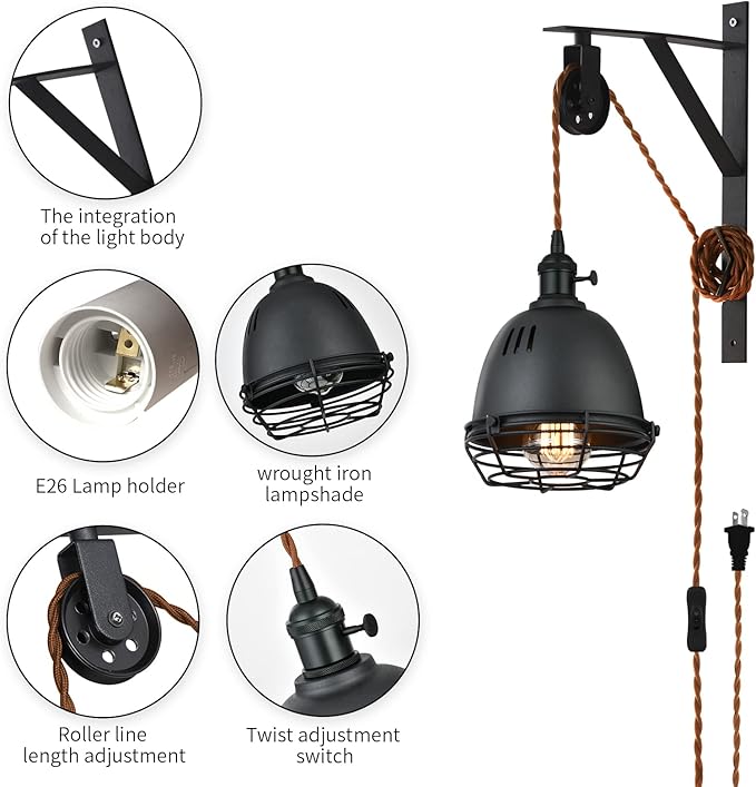 SEEBLEN Vintage Design Industrial Wheel Farmhouse Wall Mount Pulley Wall Pendant Lamp with 7-Foot Brown Plug and Switch, Adjustable Wall Sconce Sand Black Lampshade and Iron Cage Wall Light
